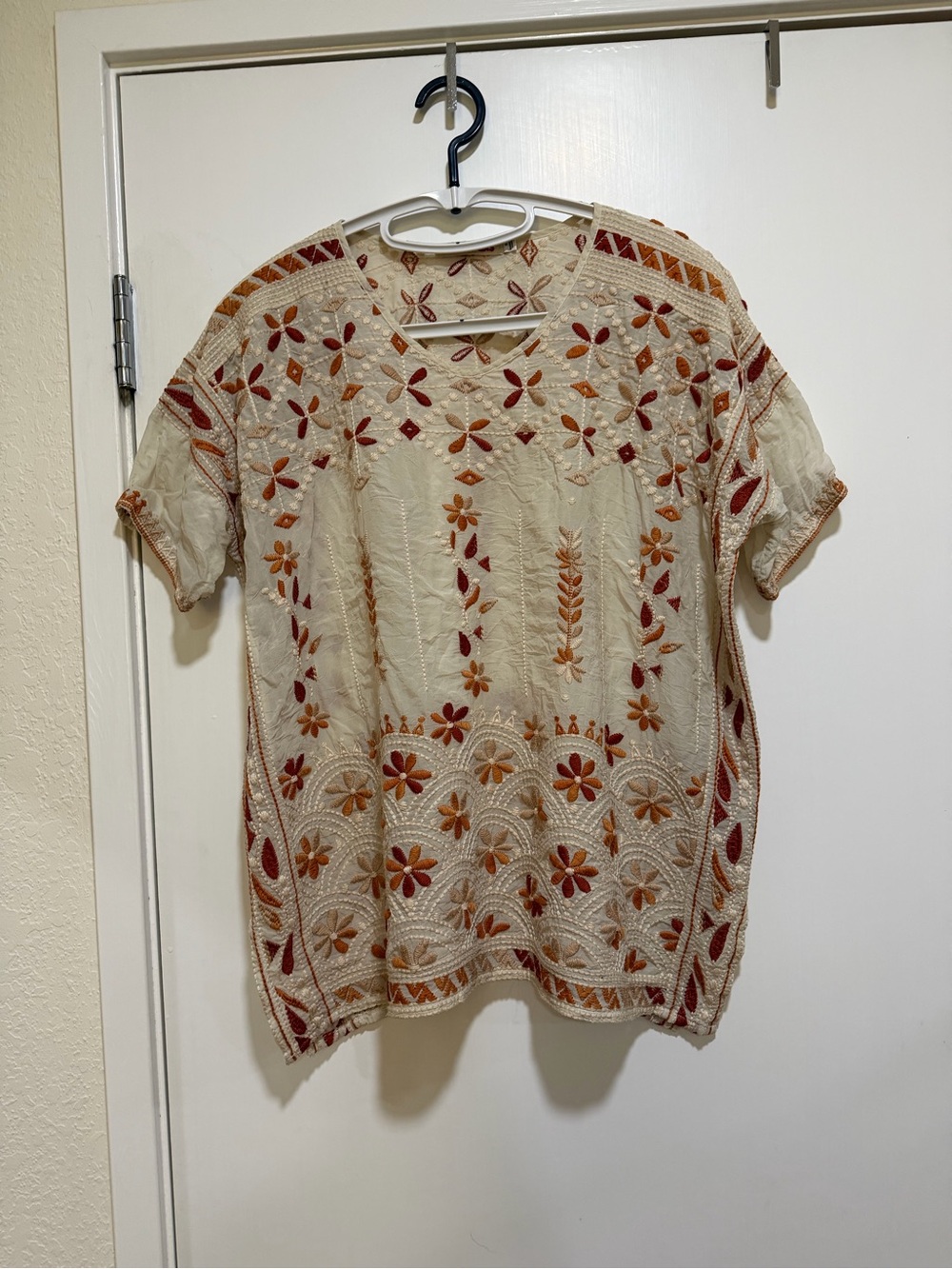 Johnny Was Cream Tunic with Rust & Tan Floral Embroidery